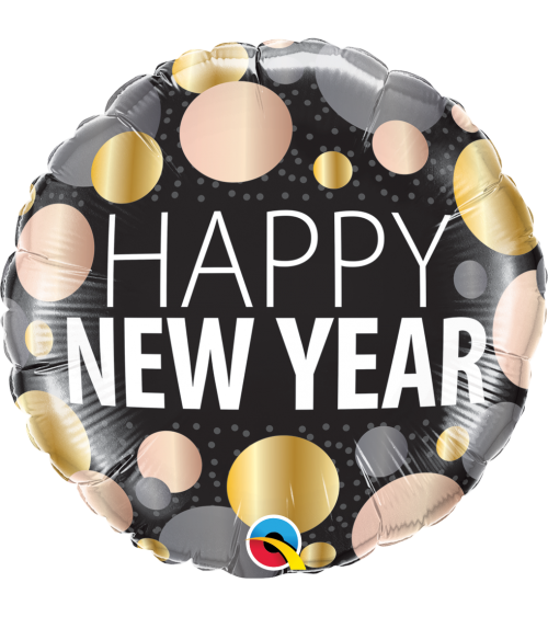 Ballon Joyeux nouvel an - Happy New Year - noir avec pois rose gold et or -  45 cm helium aluminium mylar