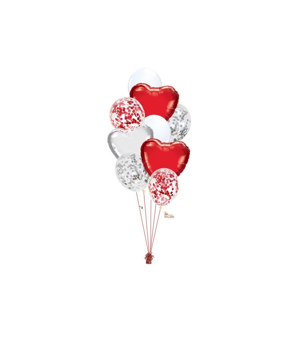 Bouquet ballons Saint-Valentin Coeurs & Confettis rouge argent