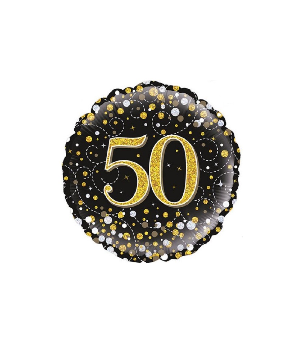 Ballon alu Happy Birthday chiffre 50 noir or argent-holographique-65- 45 cm