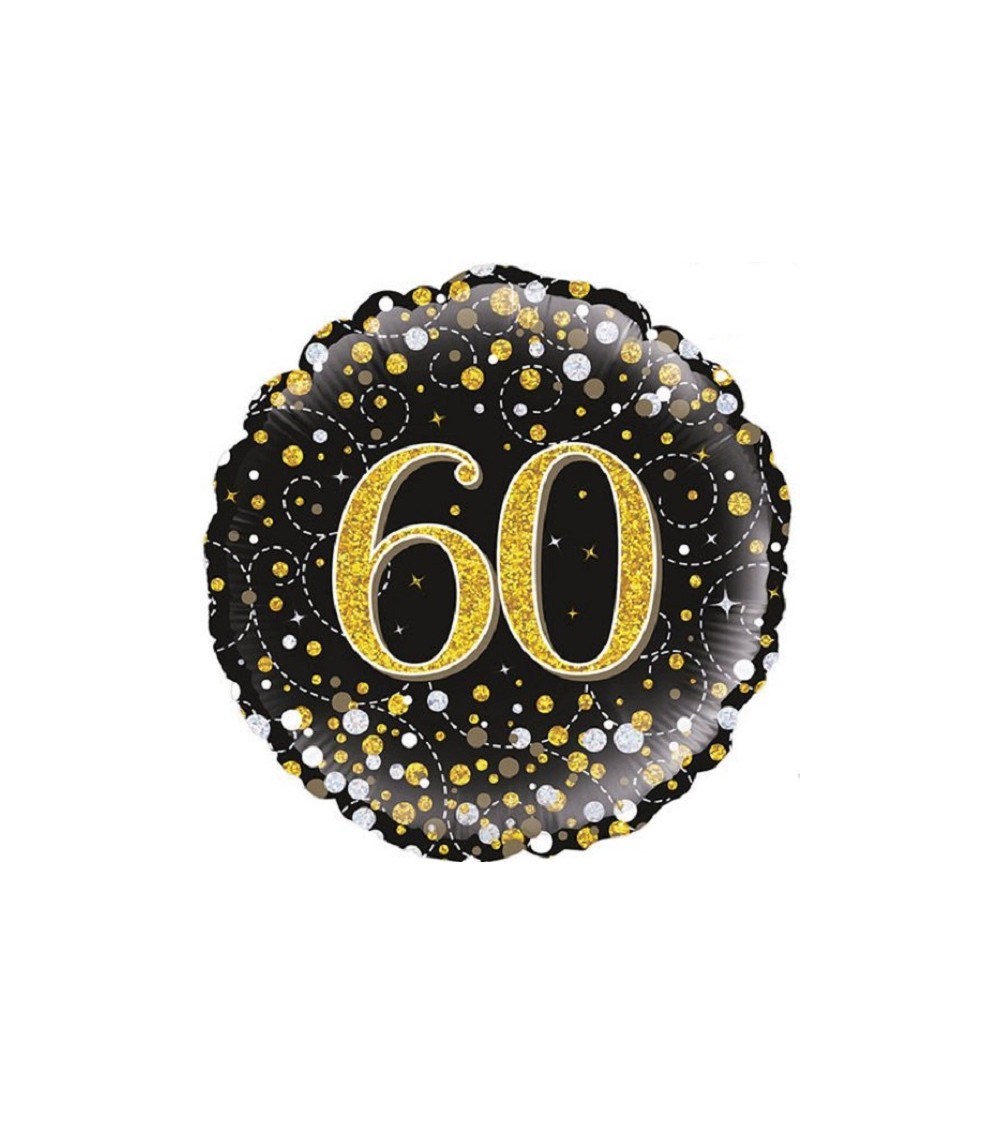 Ballon alu Happy Birthday chiffre 60 noir or argent-holographique