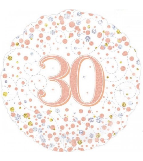 Ballon Happy Birthday chiffre 30 blanc rose gold argent holographique - 45  cm