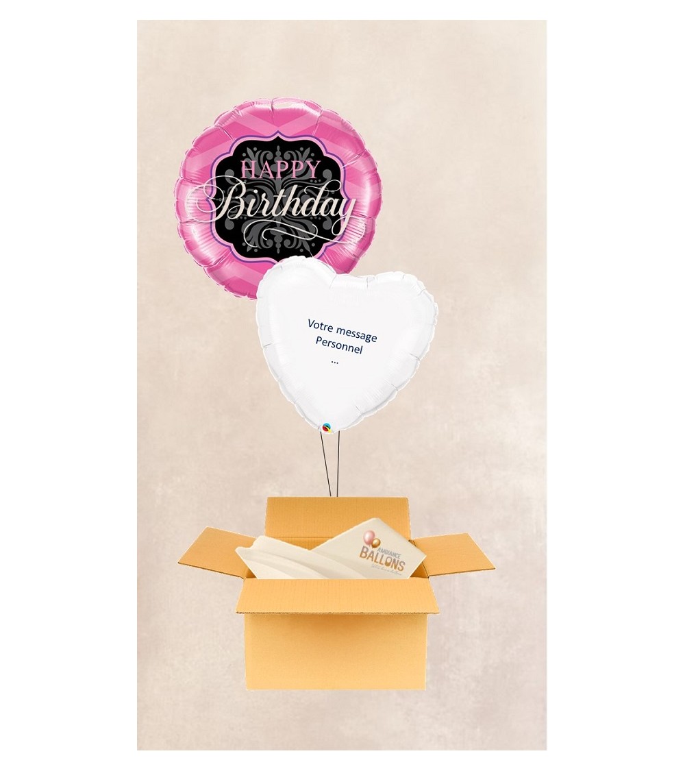 Ballon Postal Happy Birthday rose et noir - personnalisé
