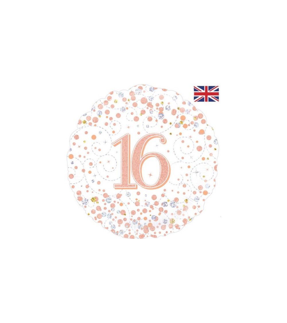 Ballon alu Happy Birthday chiffre 16 blanc rose gold argent